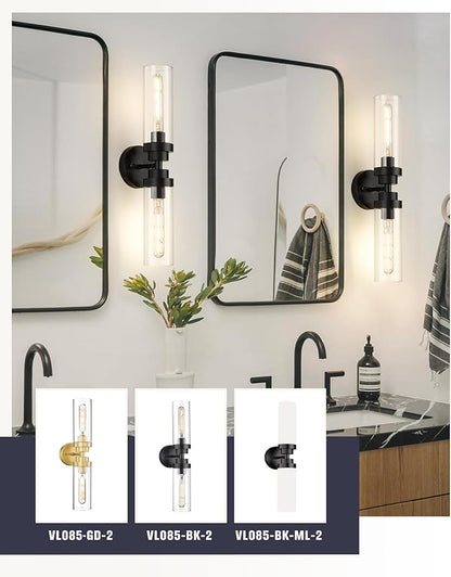 Emak 22 Inch Black Bathroom Light Fixtures Over Mirror, 2-Light Bathroom Vanity Light with Clear Glass Shade, 2 Pack Wall Sconce for Bathroom, Bedroom, Hallway, VL085-BKL-2-2PK