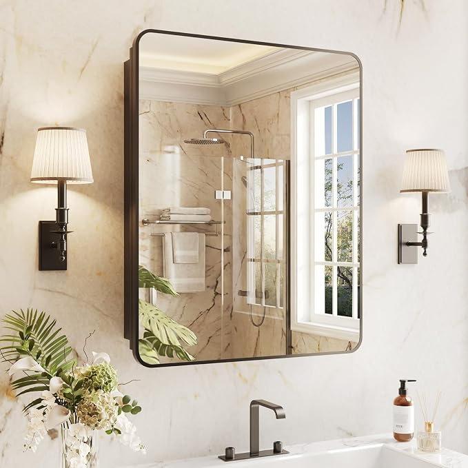 Medicine Cabinet Mirror 24x30 Inch, Black Bathroom Mirror Cabinet with Stepless Adjustable Shelves, Rounded Rectangle Metal Framed, Bathroom Mirror with Storage Recessed or Wall Mount