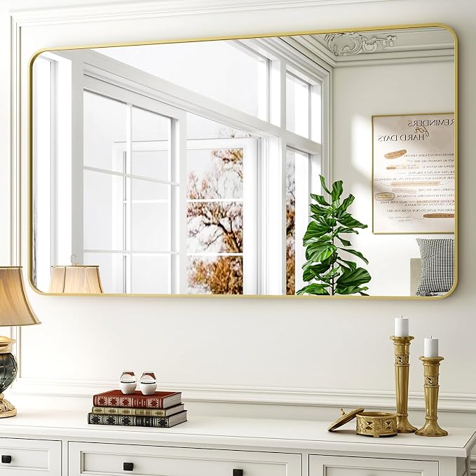 Easly 30 x 48 Inch Bathroom Mirror, Rounded Rectangular Vanity Mirror for Wall, Modern Mirror for Room Decor, Gold Framed Wall-Mounted Mirrors for Home Decor, Hangs Horizontally or Vertically