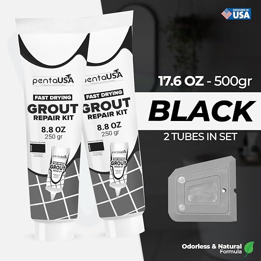 Premixed Tile Grout Repair - Black 2-Pack (17.6oz/500g) | Acrylic sanded formula, for bathroom shower kitchen tile, water-resistant, 24-hour cure, 58 sq ft, value 2-pack