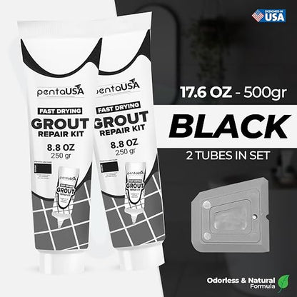 Premixed Tile Grout Repair - Black 2-Pack (17.6oz/500g) | Acrylic sanded formula, for bathroom shower kitchen tile, water-resistant, 24-hour cure, 58 sq ft, value 2-pack