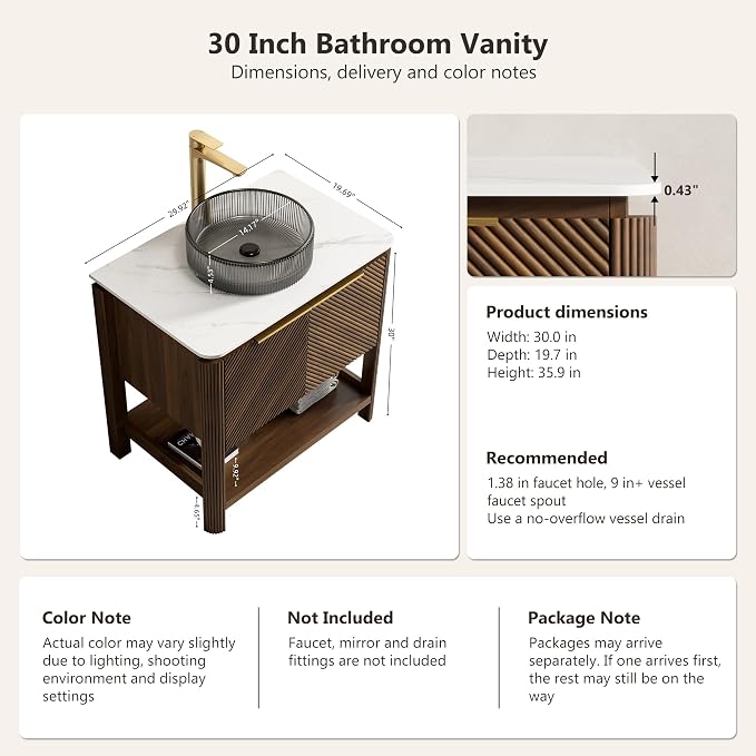 Yayzy 30 Inch Bathroom Vanity with Sink, Freestanding Dark Walnut Bathroom Cabinet, Smoky Gray Glass Vessel Sink, Carrara White Sintered Stone Countertop, Soft Close Doors, Open Storage Shelf