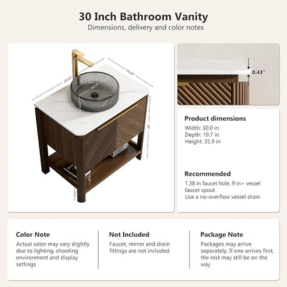 Yayzy 30 Inch Bathroom Vanity with Sink, Freestanding Dark Walnut Bathroom Cabinet, Smoky Gray Glass Vessel Sink, Carrara White Sintered Stone Countertop, Soft Close Doors, Open Storage Shelf