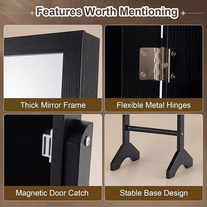 Giantex Jewelry Armoire with Full Length Mirror, Freestanding Jewelry Organizer Cabinet with Ring Slots, Earring Holders, Necklace Hooks & Storage Shelves for Bedroom (Black)