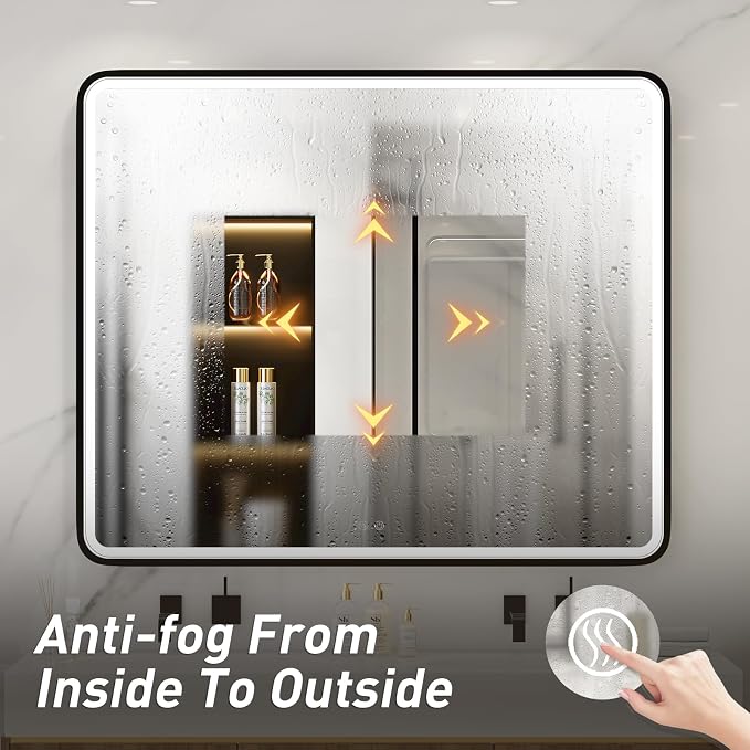 LED 43x36 Inch Lighted Bathroom Mirror,Black Frame,3 Color | ETL Listed,Anti-Fog,3000K/4500K/6000K Dimmable,Horizontal & Vertical,Wall Mounted,Memory Function,Ideal for Bathroom,Vanity