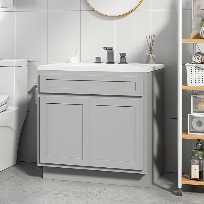 Vanity Art 30 Inch Double Shutter Door Bathroom Vanity Base Cabinet with Soft Closing Shaker Drawer, Strudy Floor Mount Storage Cabinet Organizer for Bedroom, Living Room, Kitchen, VA4030G