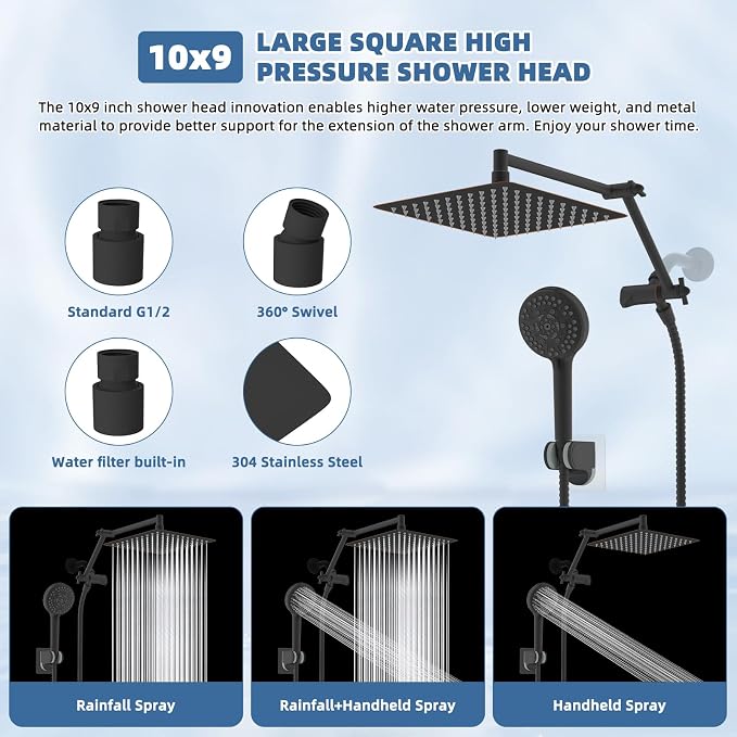 Metal 10" Rain Shower Head with Handheld, High-Pressure Showerhead,10-Mode | Oil Rubbed Bronze, Rainfall Shower Head with 5" Large Handheld, Adjustable 16" Shower Extension Arm/71" Hose, 3-Way Diverter