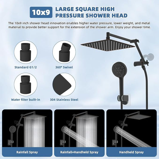 Metal 10" Rain Shower Head with Handheld, High-Pressure Showerhead,10-Mode | Oil Rubbed Bronze, Rainfall Shower Head with 5" Large Handheld, Adjustable 16" Shower Extension Arm/71" Hose, 3-Way Diverter