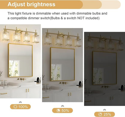 Brushed Gold Bathroom Light Fixtures, Square, 4-Light | Vanity Lights with Crystal Shades, Modern Bathroom Lighting Fixtures over Mirror (Bulbs Not Included, E26)