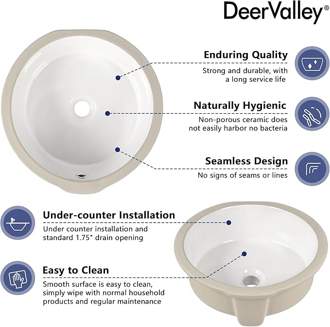 DeerValley 16x16 Inch Small Round Undermount Bathroom Sink, White Ceramic Under Counter Sink with Overflow, DV-1U0207