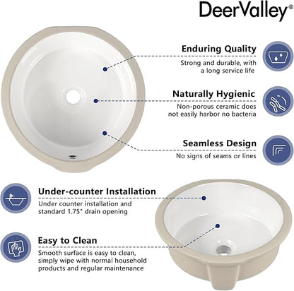DeerValley 16x16 Inch Small Round Undermount Bathroom Sink, White Ceramic Under Counter Sink with Overflow, DV-1U0207