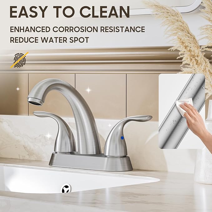 Phiestina Centerset 4 Inch Brushed Nickel 2 or 3 Holes Stainless Steel Bathroom Sink Faucet, 2 Handle Bathroom Faucet with Copper Pop Up Drain and Water Supply Lines, BF008-5-BN