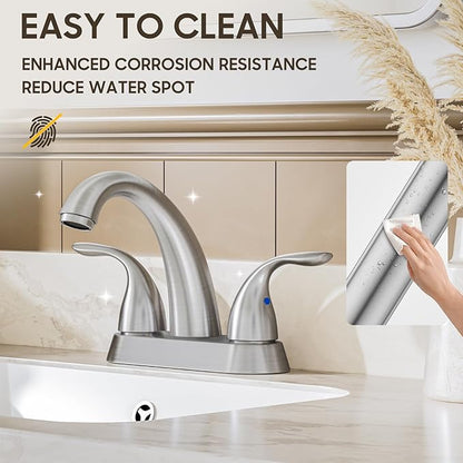 Phiestina Centerset 4 Inch Brushed Nickel 2 or 3 Holes Stainless Steel Bathroom Sink Faucet, 2 Handle Bathroom Faucet with Copper Pop Up Drain and Water Supply Lines, BF008-5-BN