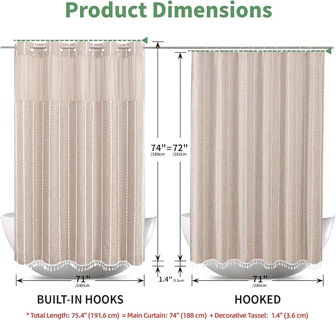 eachope Boho Farmhouse No Hook Shower Curtain Set with Snap-in Fabric Liner,Heavy-Duty Linen Textured Rustic Striped Design,Water-Repellent with Tassels and Sheer Window,Tan/Taupe,71x74 | Snap-in Liner,330GSM Thick Linen Textured Rustic Striped Design,...