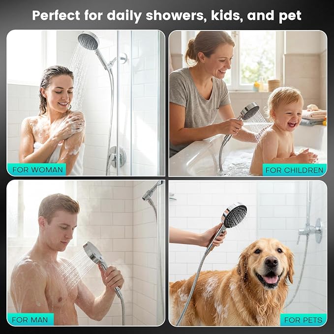 PWERAN Filtered Shower Head with Handheld, High Pressure 4 Spray Mode Showerhead with Filters, Water Softener Beads for Hard Water with ON/OFF Switch for Pets (Chromium Silver, 5 Inch Panel)