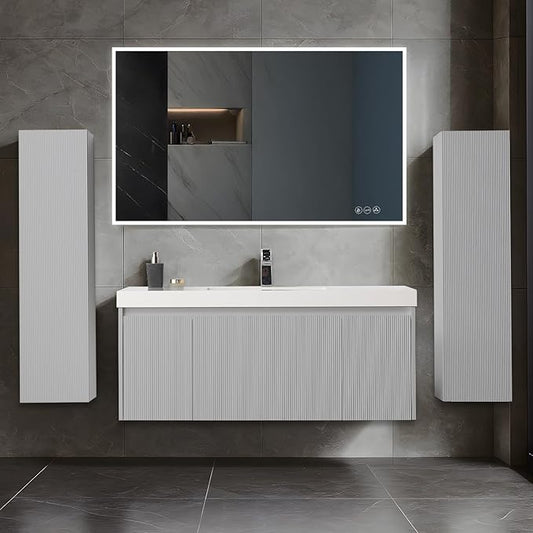 Blossom 48 Inch Bathroom Vanity with Sink and 2 Side Cabinets, All Wood Wall Mounted Floating Bathroom Vanity Cabinet with Acrylic Sink, Soft-Close Drawers, Bathroom Vanities, Light Grey