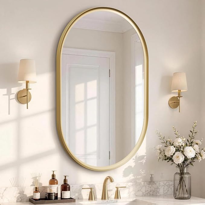 Brushed Gold Pill Oval Mirror for Bathroom 24x36 Inch | Small Vanity Mirror, Crystal-Clear HD Glass, Rust-Proof Aluminum Frame, Inner-Curved Decor for Bedroom, Entryway Renovation