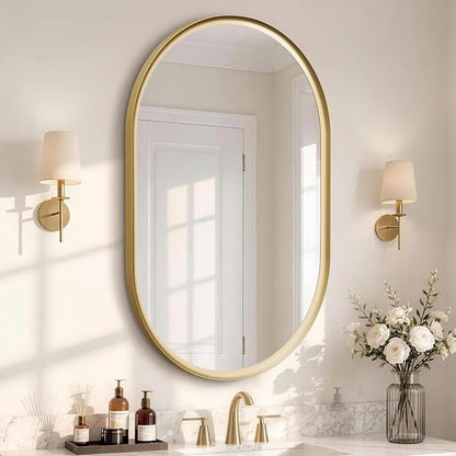 Brushed Gold Pill Oval Mirror for Bathroom 24x36 Inch | Small Vanity Mirror, Crystal-Clear HD Glass, Rust-Proof Aluminum Frame, Inner-Curved Decor for Bedroom, Entryway Renovation