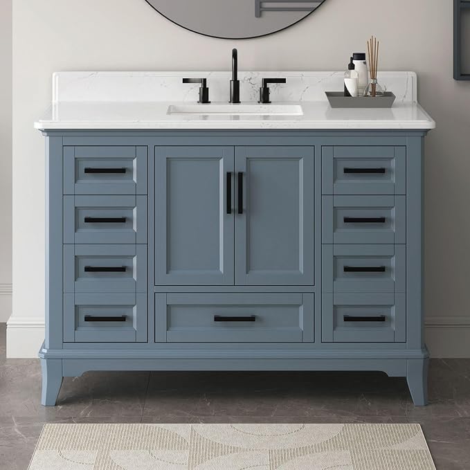 48 Inch Bathroom Vanity with Sink, Modern Bathroom Vanity with White Quartz Countertop, Solid Wood Frame Bathroom Sink Cabinet with Soft Closing Doors & Dovetail Drawers, Steel Blue