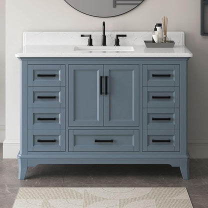 48 Inch Bathroom Vanity with Sink, Modern Bathroom Vanity with White Quartz Countertop, Solid Wood Frame Bathroom Sink Cabinet with Soft Closing Doors & Dovetail Drawers, Steel Blue
