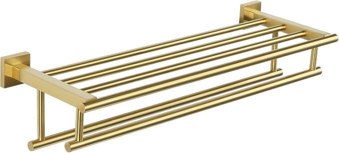 Alise Double Towel Rack for Bathroom Wall Mounted 20 Inch,Brushed Gold | SUS304 Stainless Steel Towel Rack with Shelf,Bathroom Tower Holder Towel Shelf with Double Towel Bars for Bath Kitchen