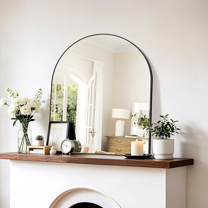Arched Bathroom Mirror 30x36 Inch, Bathroom Mirror for Over Sink, Wide Wall Mounted Vanity Mirror with Aluminum Frame & Tempered Glass, Ideal for Bedroom, Entryway, Living Room, Mantel, Black