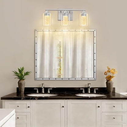 3-Light Brushed Nickel Bathroom Vanity Light with 3 Color Modes (3000K/4000K/6000K), Dimmable Modern Wall Light Over Mirror with Clear Glass Shade