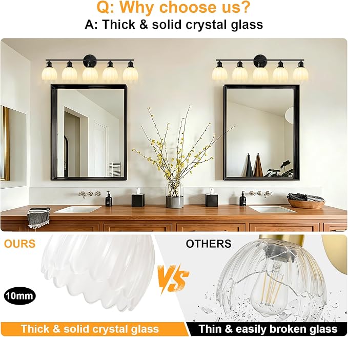 Bathroom Light Fixtures, 5-Light Brushed Black Vanity Lights for Bathroom with White Tulip Glass Shade, 30" Vintage Bathroom Vanity Lighting Fixtures Over Mirror for Bedroom Living Room Hallway