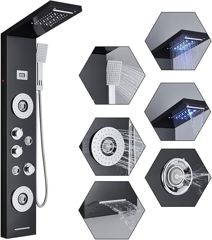AlenArt Shower Panel Tower System Rainfall Waterfall Shower Head with Body Jets Stainless Steel Rain Massage System 5-Function High Pressure Shower Panel Tower System,HFT8029
