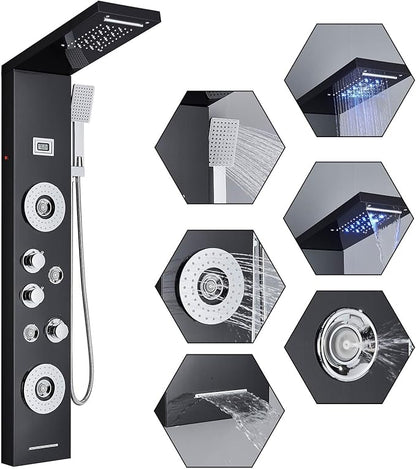 AlenArt Shower Panel Tower System Rainfall Waterfall Shower Head with Body Jets Stainless Steel Rain Massage System 5-Function High Pressure Shower Panel Tower System,HFT8029