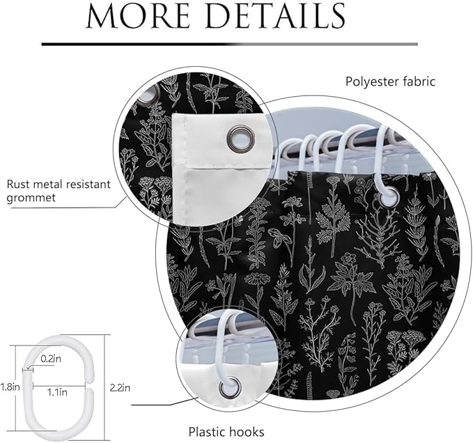 Coxila Vintage Floral Shower Curtain Long Wide Black Flower Retro Farmhouse Rustic Dark Spring Botanical Plant Country Boho Cute Wildflower Nature Bathroom 72 x 72 Inch Polyester Fabric 12 Pack Hooks