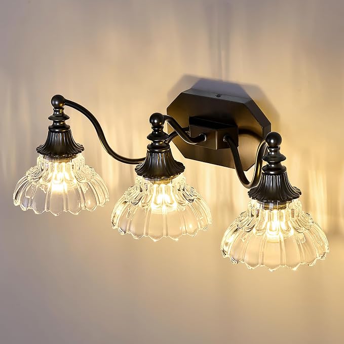 hesoge Farmhouse Bathroom Light Fixture Vintage Vanity Light with Crystal Glass Shade Black 3 Light Wall Mount Lamp Over Mirror