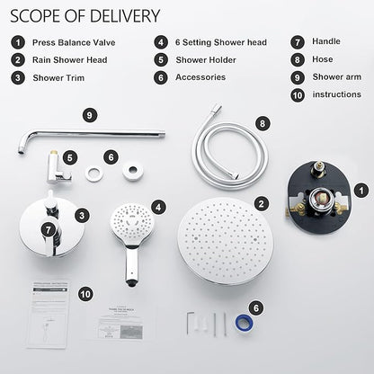 Bathroom Shower Faucet Set Wall Mounted Rainfall Shower System 10 Inches High Pressure Shower Head and Multifunctional Shower Handheld, Included Rough-in Valve and Trim Kit Polished Chrome