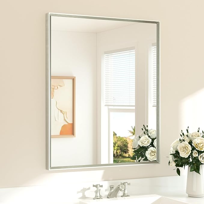 Brushed Nickel Mirror for Bathroom Sink 30" x 36" Beveled Frame Brushed Nickel Vanity Rectangle Mirror for Bathroom Wall, Modern Farmhouse, Tempered Glass, Shatterproof, Stronger Frame