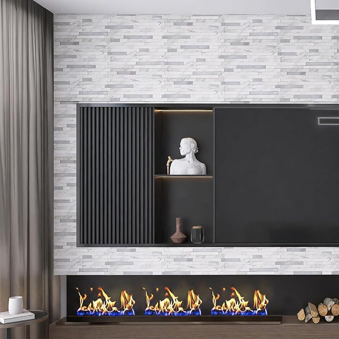 Peel and Stick Backsplash for Kitchen | Self-Adhesive Metal Silver White Marble Subway Tiles | Decorate Kitchen Laundry Fireplaces, 10PCS