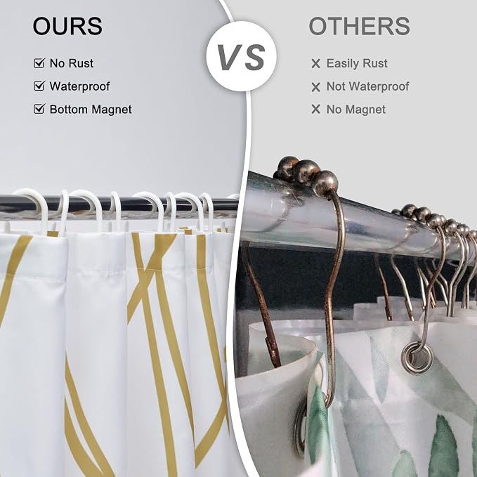 Striped Shower Curtain for Bathroom, Gold Light Brown White, 72x78 | with Hooks, Modern Hotel Style, Water Repellent, Washable, Weighted Hem