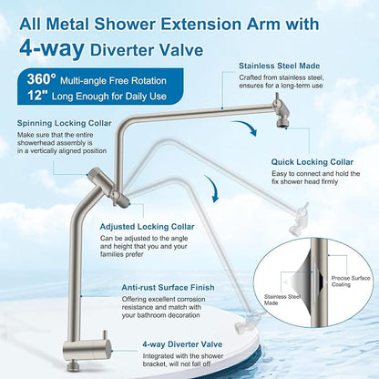 Metal 10" Rain Showerhead with 10-Spray Filter Handheld, 4-way Diverter | Brushed Nickel Finish, NSF/ANSI/CAN 372 Certified, High Pressure Shower Head with Pause Mode, 71" Hose/12" Extension Arm