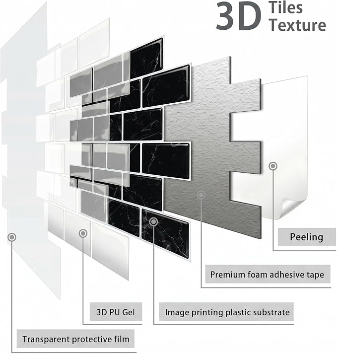 Arttown Peel and Stick 3D Wall Backsplash, 10-Sheet, 12" × 12" Black | Subway Tile Self Adhesive Thicker Design Wall Tiles Panel Wallpaper for Kitchen Bathroom Balcony Rental Housing