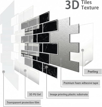 Arttown Peel and Stick 3D Wall Backsplash, 10-Sheet, 12" × 12" Black | Subway Tile Self Adhesive Thicker Design Wall Tiles Panel Wallpaper for Kitchen Bathroom Balcony Rental Housing