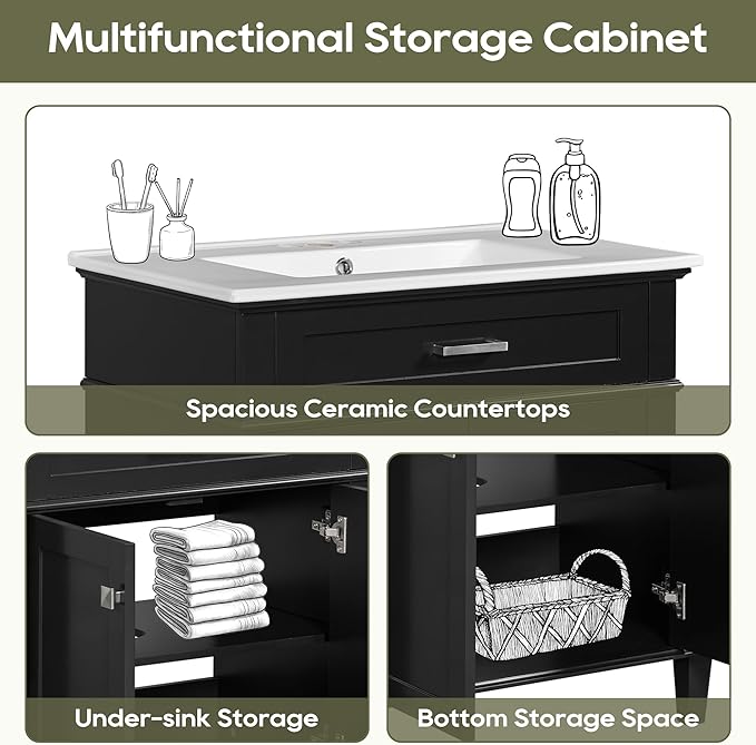 Favfurish 30" Bathroom Vanity with Ceramic Sink,Undermount Single Basin Bath Vanity Set w/2 Soft-Close Doors and Adjustable Shelf,Modern Freestanding Storage Cabinet,Solid Wood Frame,Black