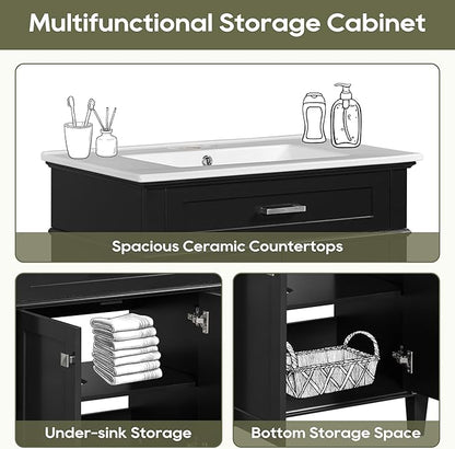Favfurish 30" Bathroom Vanity with Ceramic Sink,Undermount Single Basin Bath Vanity Set w/2 Soft-Close Doors and Adjustable Shelf,Modern Freestanding Storage Cabinet,Solid Wood Frame,Black