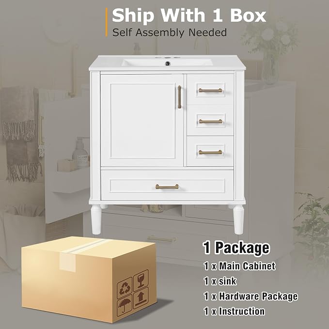 30" Bathroom Vanity with Sink,Free Standing Single Basin Vanity Set w/ 3 Drawers & Soft Closing Door,Solid Wood Frame,Metal Handles,Modern Storage Cabinet for Small Space,White