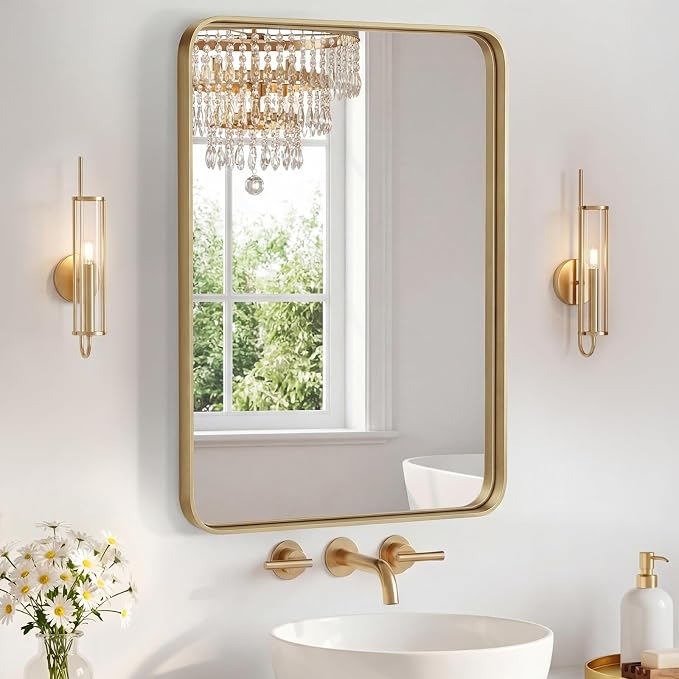 OLIXIS Bathroom Mirror for Over Sink, 30x22 Inch Wall Mount Mirror, Gold | Rounded Rectangle Mirror with Matte Metal Framed, Modern Wall Vanity Mirror for Home Decor, Living Room