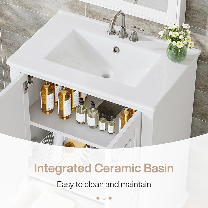 Tribesigns 24" Bathroom Vanity with Ceramic Sink Combo, Freestanding Bathroom Storage Vanity Cabinet with 2 Doors & 1 Drawer, Solid Wooden Frame & Coated Surface, Metal Handle, White