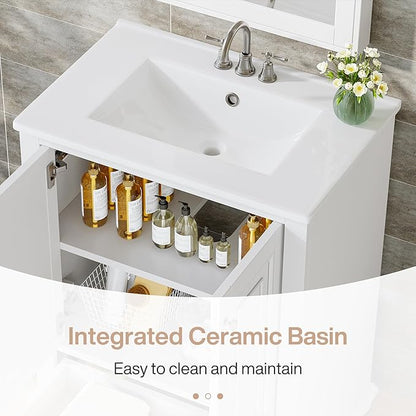 Tribesigns 24" Bathroom Vanity with Ceramic Sink Combo, Freestanding Bathroom Storage Vanity Cabinet with 2 Doors & 1 Drawer, Solid Wooden Frame & Coated Surface, Metal Handle, White