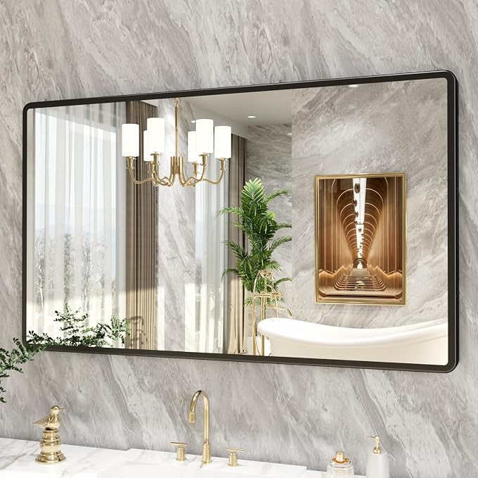 pertetey 50 x 30 in Rounded Rectangle Bathroom Mirror | Black Metal Frame, Tempered Glass, Wall Mounted