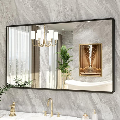 pertetey 50 x 30 in Rounded Rectangle Bathroom Mirror | Black Metal Frame, Tempered Glass, Wall Mounted