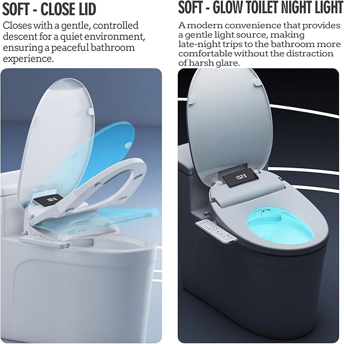 Heated Bidet Toilet Seat with Dual-Position Control Mode, Side Panel & Remote Control, Self-Cleaning Nozzle, Adjustable Warm Water and Dryer, Display Screen, Night Light, Elongated