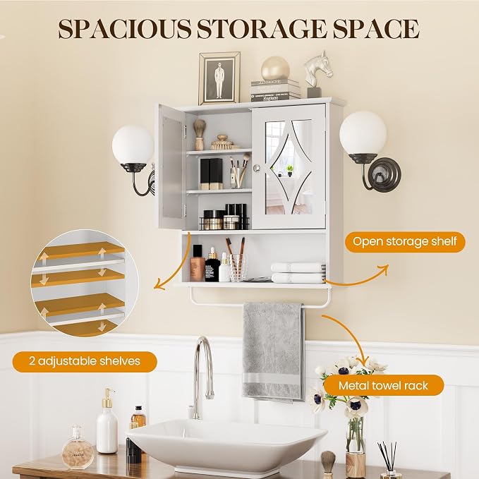 RoyalCraft 22x25 Bathroom Medicine Cabinet with Mirror, Large Wood Wall Mounted Storage Cabinet with Shelves and Towel Bar, Over The Toilet Storage Cabinet for Bathroom, Laundry, Living Room, White