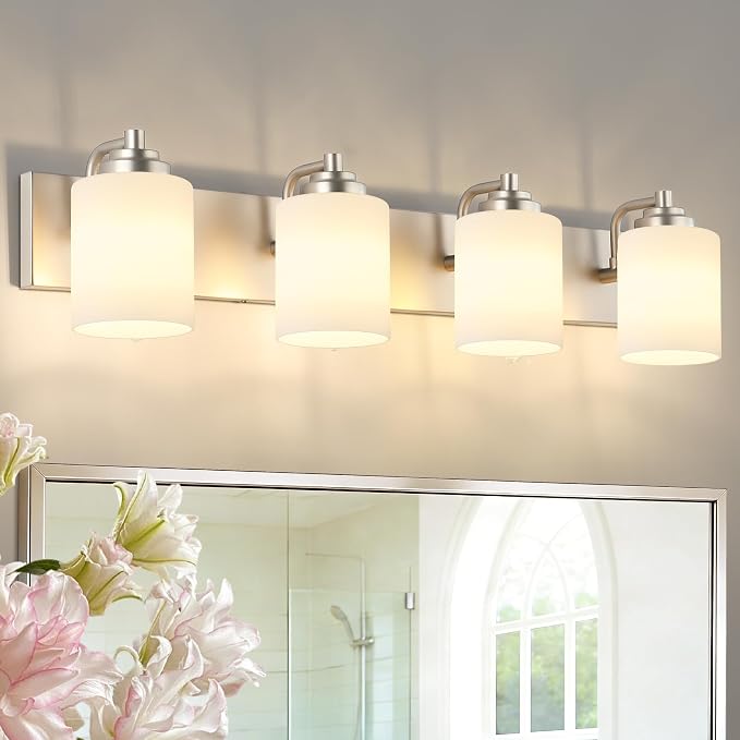 SOLFART Brushed Nickel Bathroom Vanity Light Vintage 4 Light Wall Light with Milky White Globes, 4 Lights Modern Over Mirror Lighting Fixture for Bathroom